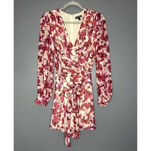 Express Romper Womens M Pink Floral Surplice Long Sleeve Tie Waist Valentine